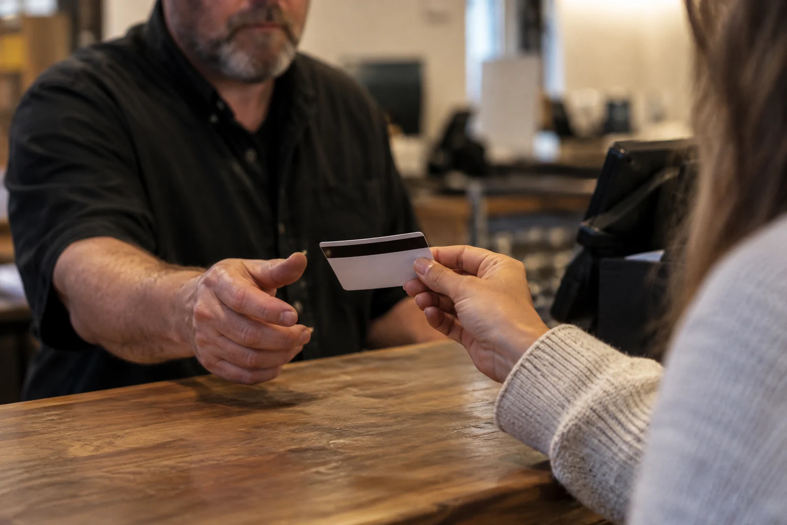 Adult hands checking an unreadable identification card at a counter
